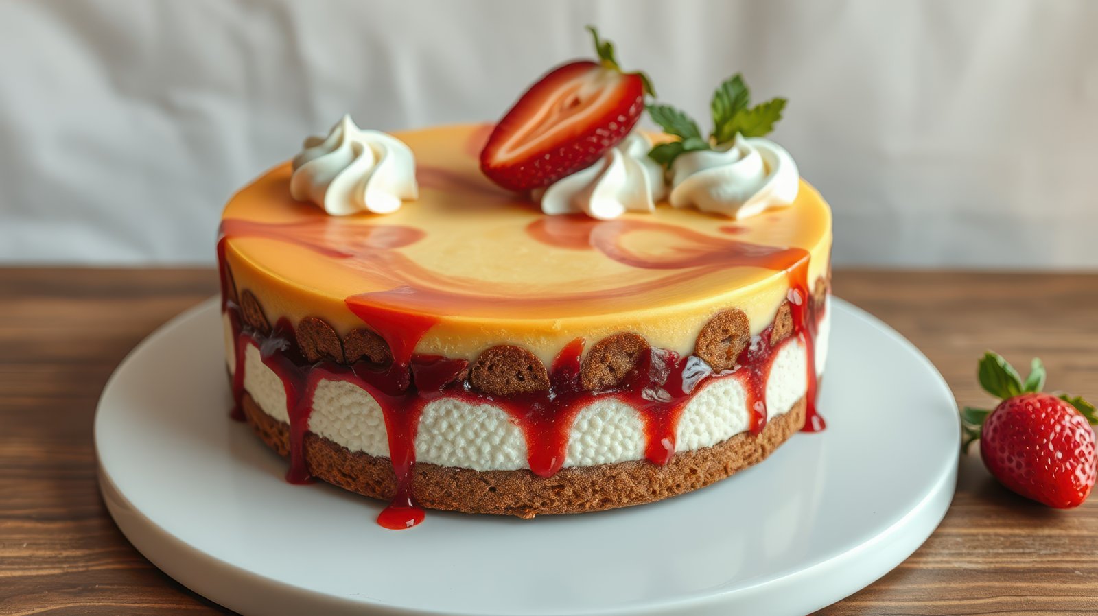 Delicious layered dessert with fresh strawberries and cream served on a white plate at a cozy setting
